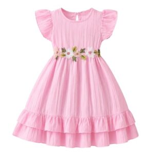 TAGAS Girls Pink Party Dress| Floral Waist Embroidered Frock for Kids | Soft Cotton Blend | Birthday & Occasion Wear|Birthday Dress for Kids |prinsses Dresses